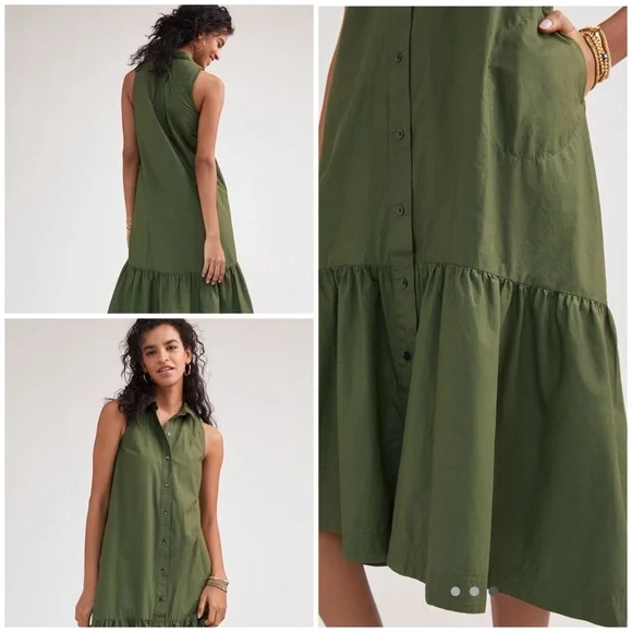 💋Anthropologie Maeve Paola flounce Olive Green Midi Dress - Picture 3 of 11